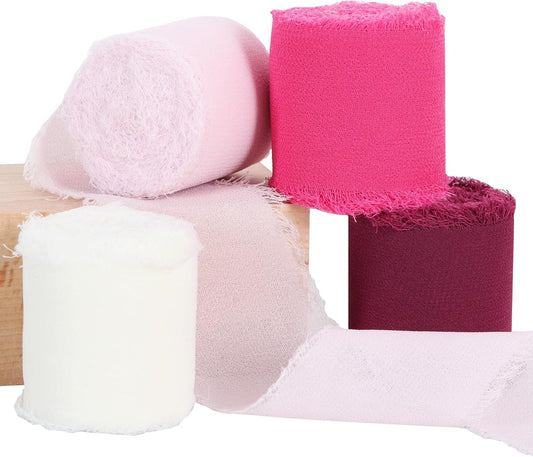 TONIFUL 4 Rolls Hot Pink Chiffon Ribbon Set 1 1/2 Inch 5.5 Yards Silk Fabric for Gift Wrapping, Wedding Party Decoration, Flower Bouquet, Bows Making, DIY Crafts