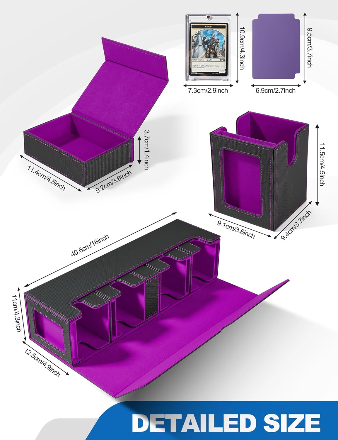 Card Deck Box for MTG with Commander Display, 5 in 1 Card Deck Case Holds 800+ Unsleeved Cards, Strong Magnet Organizer Compatible with Yugioh TCG Sports Cards (Black&Purple)