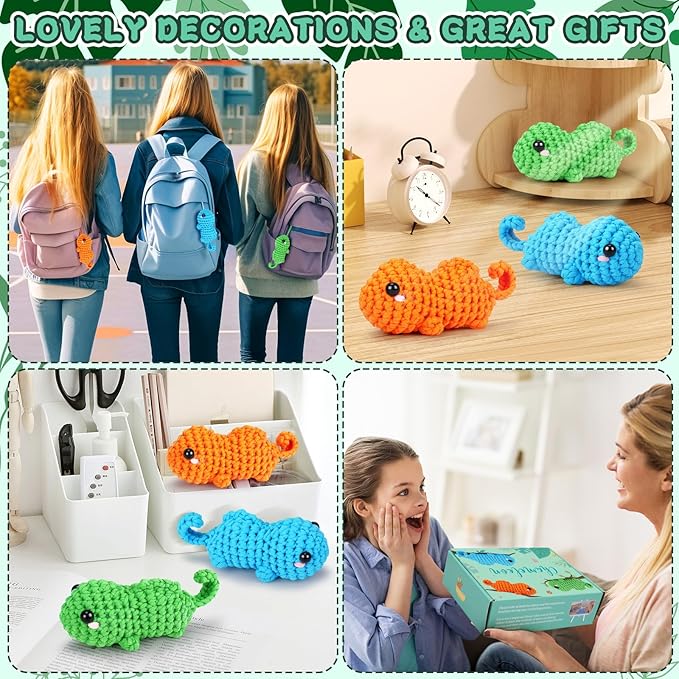 Fortuning's JDS Crochet Kit for Beginners - 3 PCS Baby Chameleon Crochet Kits with Step-by-Step Video Tutorials, Beginner Crochet Kit for Adults Kids, Chameleon Crocheting Set (Orange&Blue&Green)