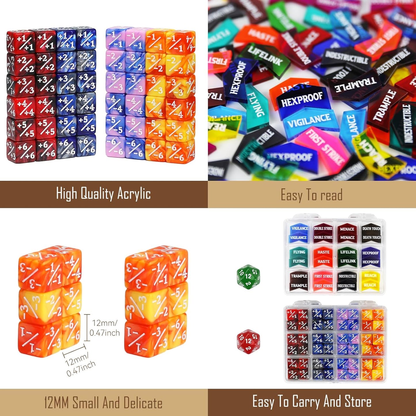 110PCS MTG Keywords Tokens & 12mm Dice Counter for Magic The Gatering, Bulk Ability Tokens MTG Life Counters D20 Loyalty 6 Sided Dice, Compatible with TCG CCG Magic Card Gaming Accessories