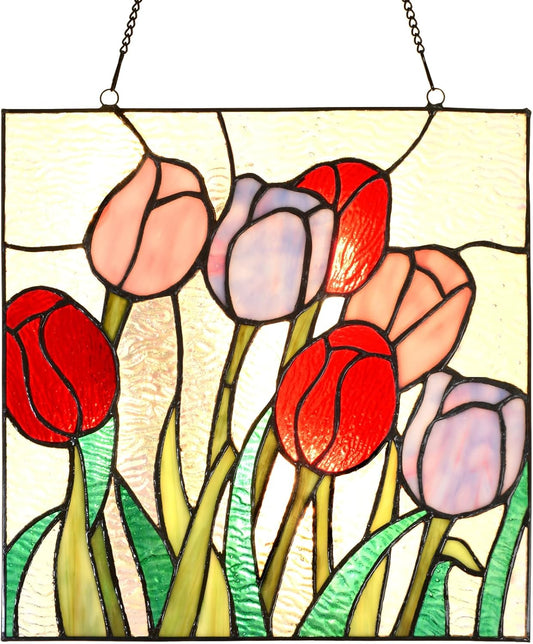 PA0004 Stained Glass Hanging Panel-12 Wx12 H Window Suncatcher Tiffany Style Window Ornament,Tulip Home Hanging Decorations