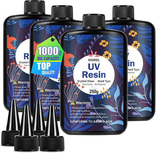 KISREL UV Resin 1000g，4 x 250g UV Resin Kit, Hard Type Crystal Clear Ultraviolet Curing UV Epoxy Resin for Craft Jewelry Making