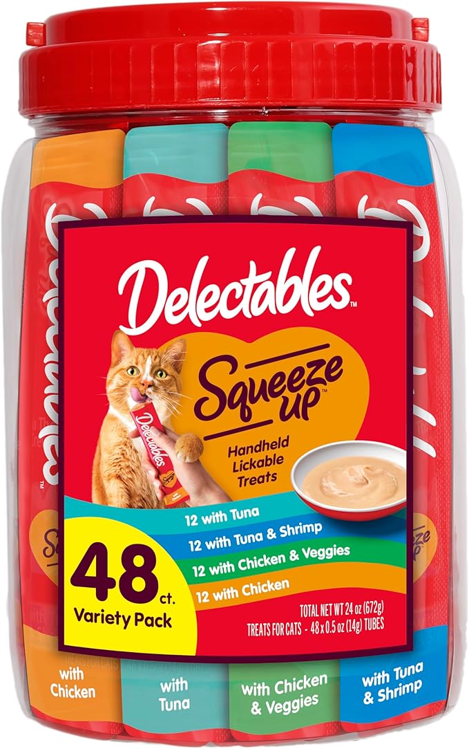 Hartz Delectables Squeeze Up Variety Pack, Creamy Squeezable Puree, Lickable Wet Cat Treats, Grain Free, No Added Fillers, No by-Products, No Added Preservatives, 0.5 Ounces Tube, 48 Tubes Total