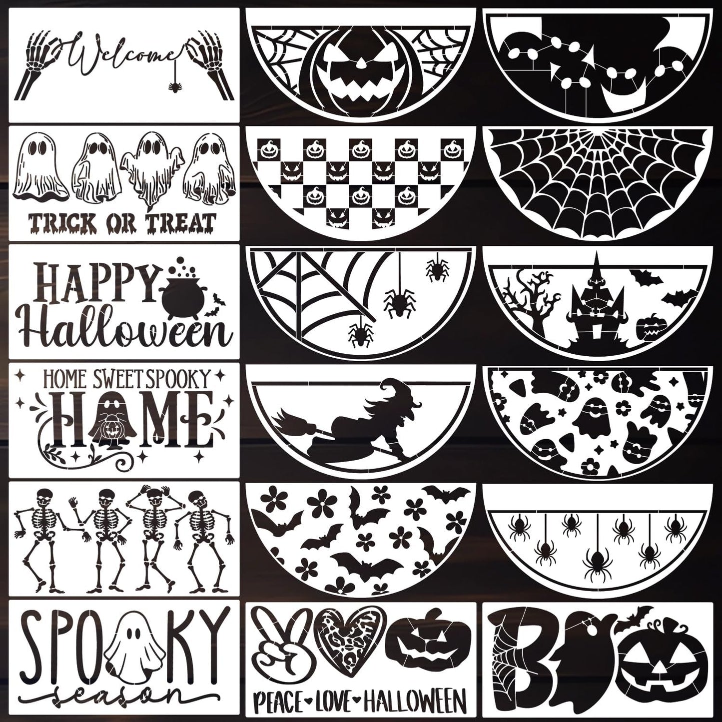 Halloween Stencils for Painting on Wood 12” Halloween Doormat Stencils Ghost Boo Witches Spider Bats Draw Templates for Porch Hanger Door Mats Fabrics DIY Crafts Decor