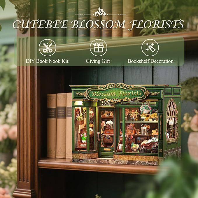 CUTEBEE Book Nook Kit, DIY Miniature House Kits for Adult and Teens, Dollhouse Booknook Tiny House, Bookshelf 3D Wooden Puzzle, DIY Craft Gifts for Family and Friends (Blossom Florists)