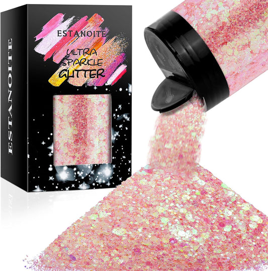 Iridescent Chunky Glitter 5.64oz/160g, Ultra Fine Glitter Powder Mixed Chunky PET Flakes Sequins for Resin Epoxy Craft Arts, Tumbler, Cosmetic Glitter for Body Nail Hair Eye Party Festival (Baby Pink)