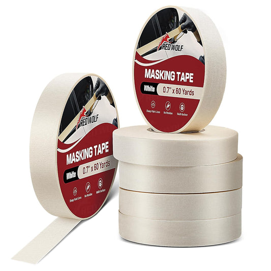 RED WOLF 6 Pack Masking Tape 0.7" x 60 Yards, General Purpose for Painting Arts Crafts Label Car Painting, Sharp Paint Line No Residue Painters Tape White Beige Crepe Paper Tape Heat Resistance