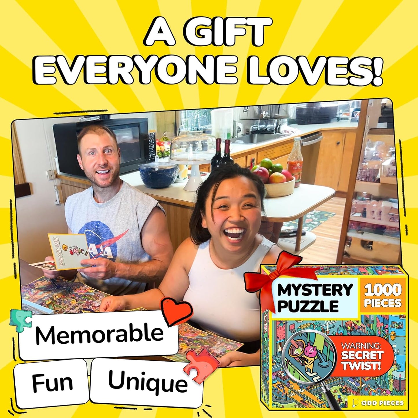 Odd Pieces Jigsaw Puzzles 1000 Pieces - Magic Mystery Story Secret Ending Puzzle - Perfect Game Night for Adults & Kids - Funny Space Cartoon Theme (AstroGastro)