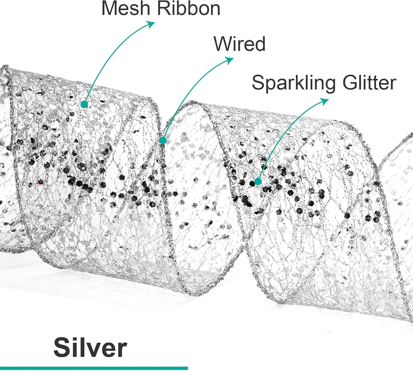 CT CRAFT LLC Sparkling Glitter Mesh Wired Ribbon 2.5" x 10 Yards Silver for Christmas Home Decor Bow Gift Wrapping DIY Crafts Wreath