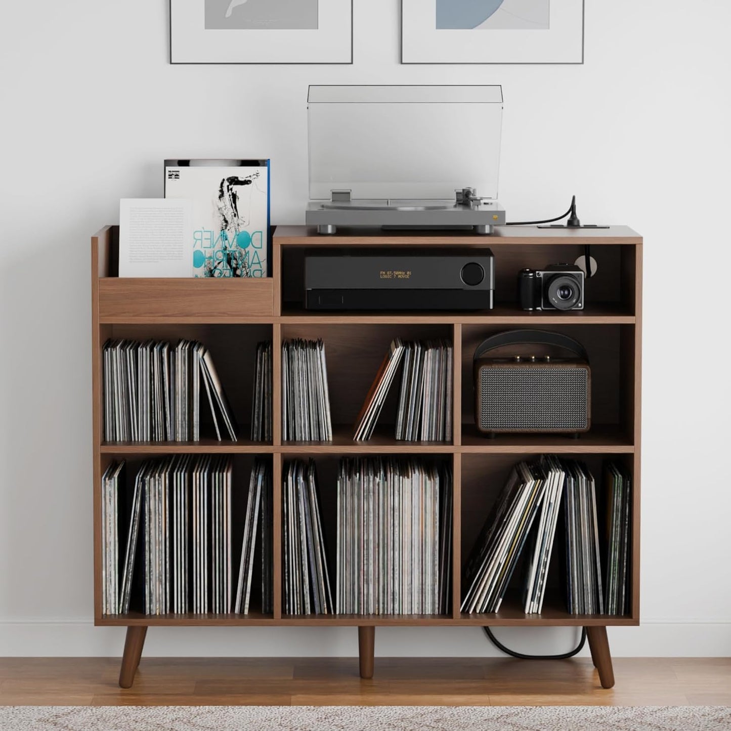 Cozy Castle Large Record Player Stand, Vinyl Storage Cabinet Mid Century Modern Turntable Stand Media Console Table Open Shelf Cube CD Album Holder Organizer for Living Room, Office, Brown