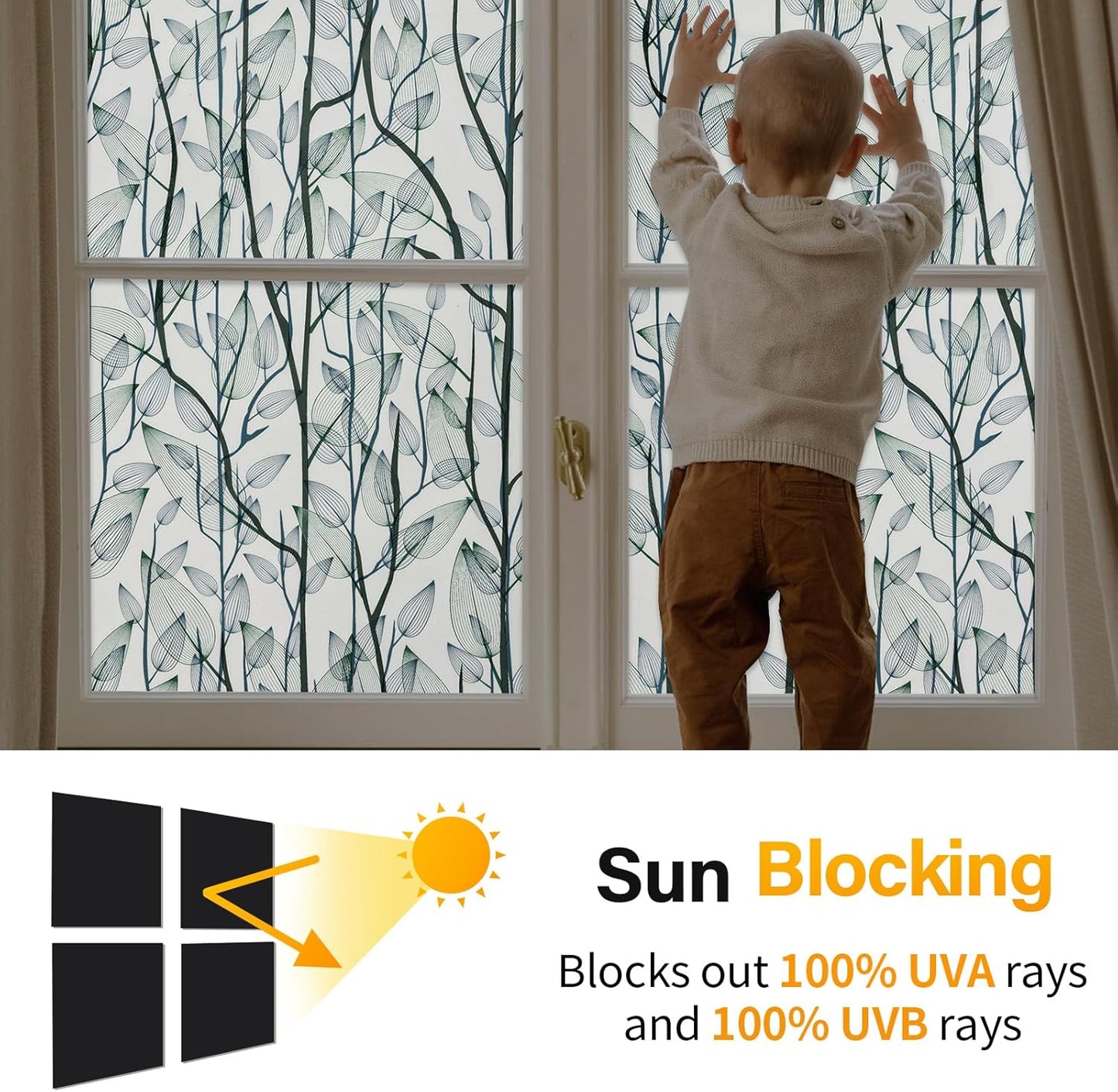 Leaf Pattern Window Tint with Installation Tools, Blackout Window Cover, Sun Blocking Window Tint for Home (Full Blackout Opaque, 17.7'' x 78.7'')