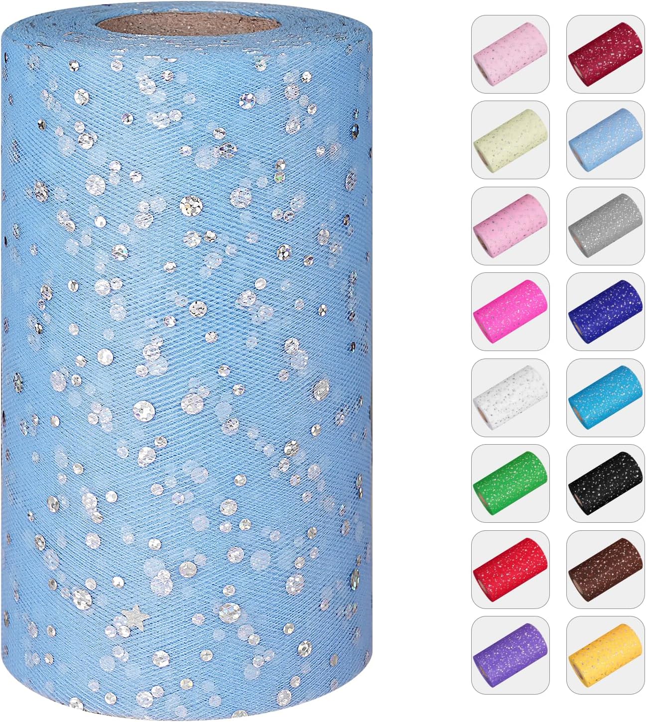 Glitter Tulle Rolls, 6” by 50 Yards (150FT) Sequin Tule Netting Fabric Tulle for Tutu Skirts Sewing Birthday Wedding Party Decoration (Light Blue)
