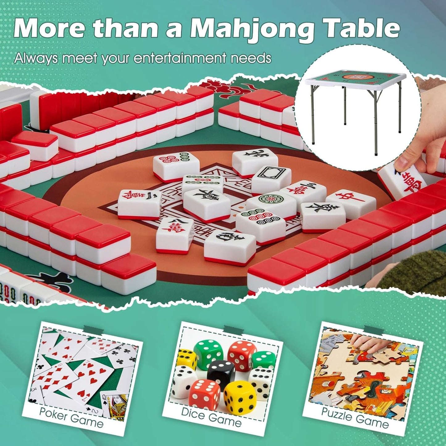 Giantex Folding Mahjong Table, 35" Square Card Table with Cup Holders, Removable Noise Reduction Mat, HDPE Tabletop, 4-Player Portable Domino Tables for Poker Blackjack Board Game (Green)