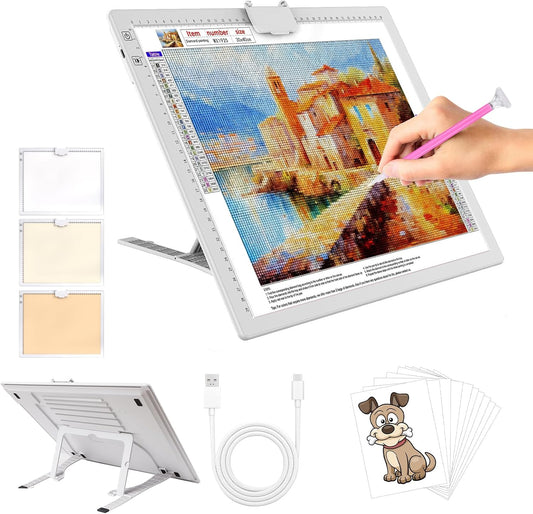 A3 Rechargeable LED Light Pad,Light Box for Tracing with Integrated Stand,3 Light Colors 6 Levels of Brightness and stepless dimming,Light Board for Diamond Painting,Drawing,Artists