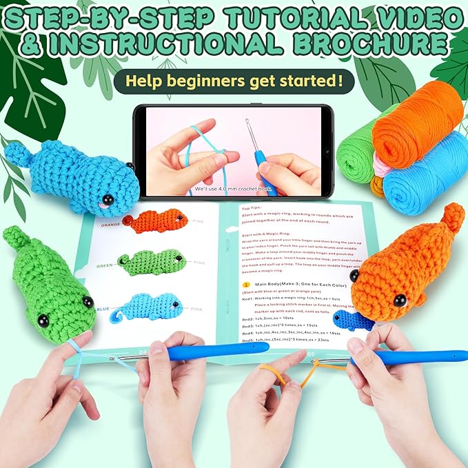 Fortuning's JDS Crochet Kit for Beginners - 3 PCS Baby Chameleon Crochet Kits with Step-by-Step Video Tutorials, Beginner Crochet Kit for Adults Kids, Chameleon Crocheting Set (Orange&Blue&Green)