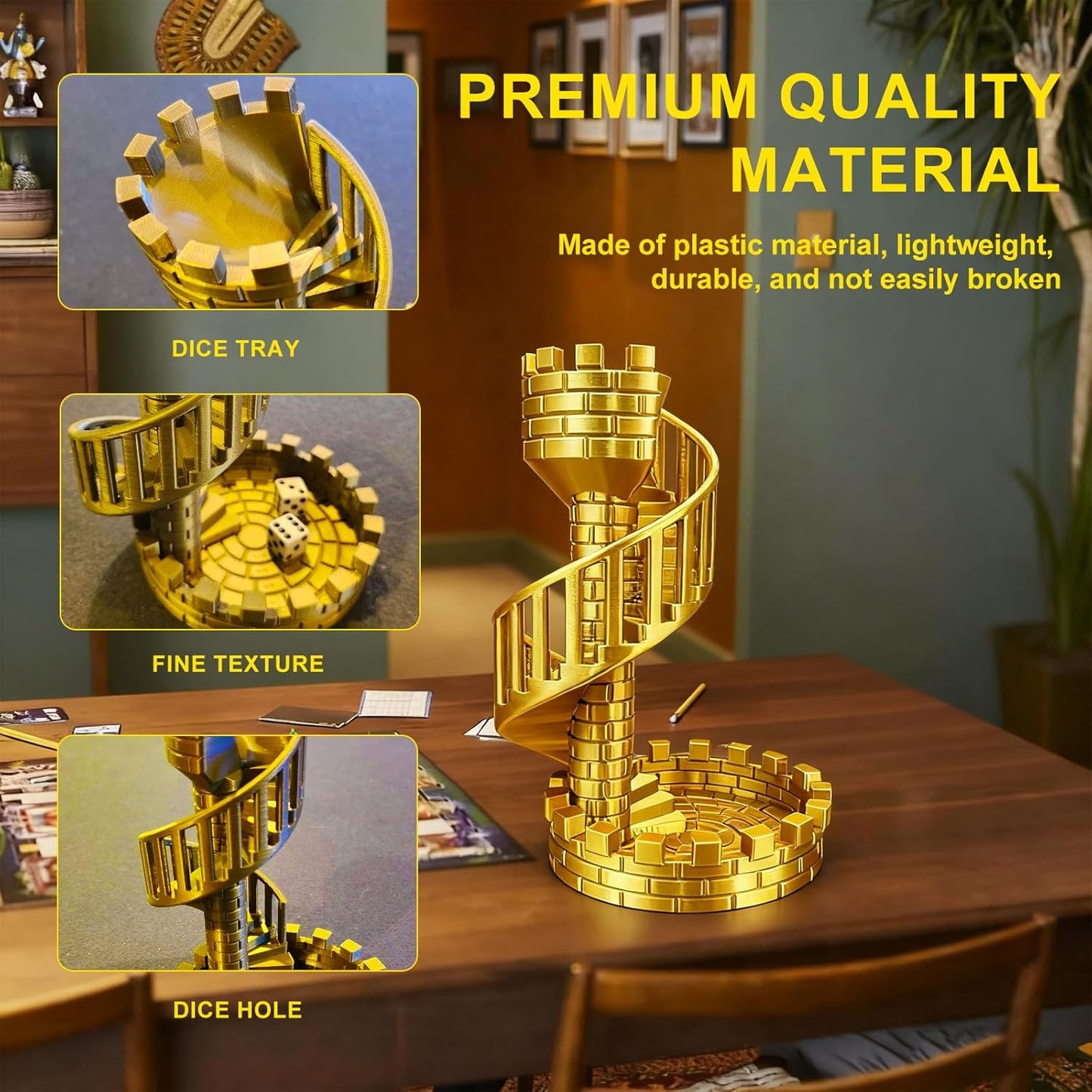 Castle Dice Tower with Tray, Dice Rolling Tower and Tray for Dungeons and Dragons for Board Game, Sci-Fi, War, Crime Theme Tabletop Games(Gold)