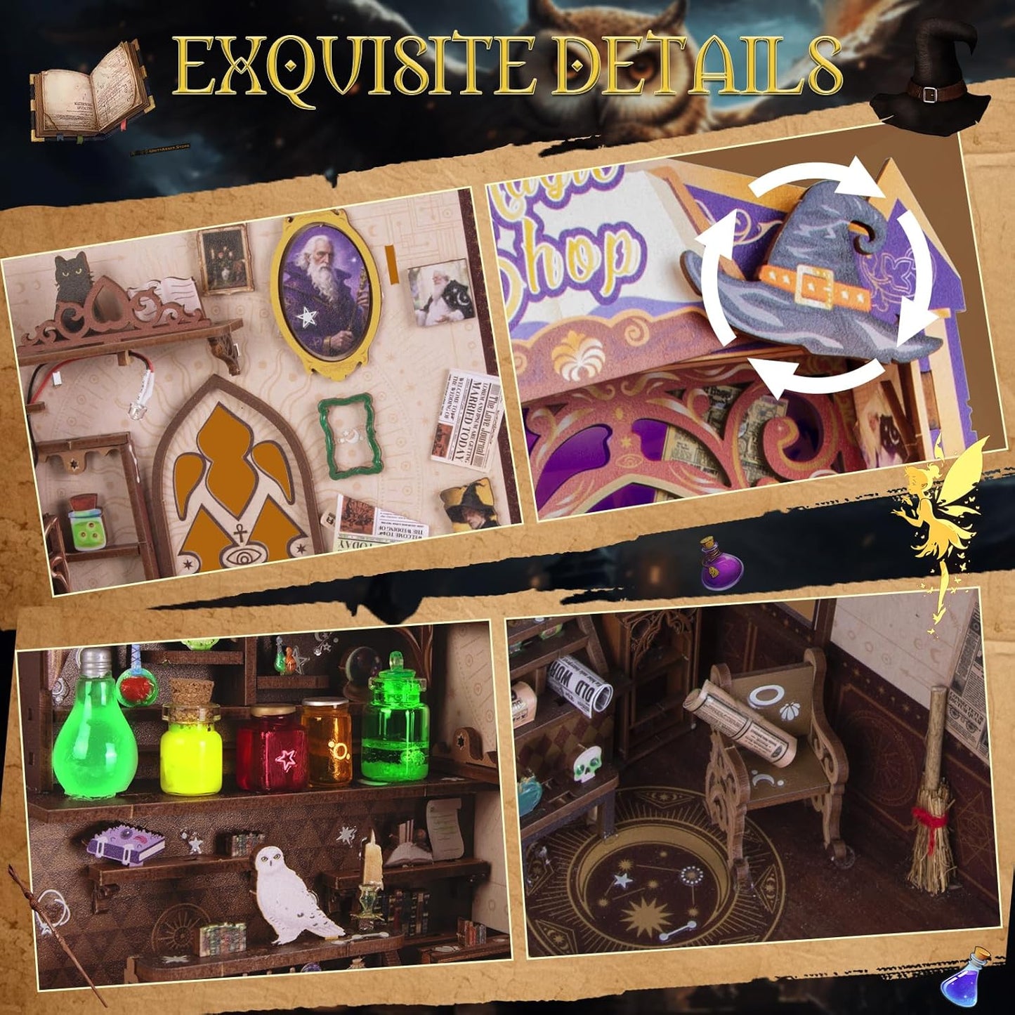 Glow in The Dark Book Nook Kits for Adults, Miniature House Dollhouse Kit for Teens, DIY Crafts for Adults, Bookshelf Decor Magic Shop with LED Light, Gifts for Family and Friends