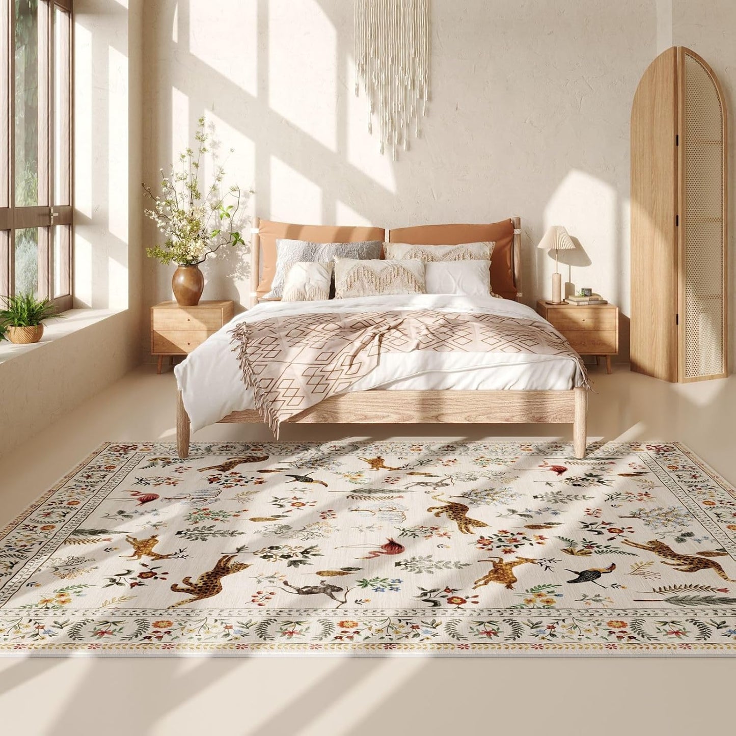 Rugcomf Area Rugs 8x10 Rug for Living Room Clearance Washable Boho Area Rug Non Slip Floral Animal Vintage Low Pile Large Rug for Living Room, Bedroom, Farmhouse, Dining Room, Kids Playroom (Beige)