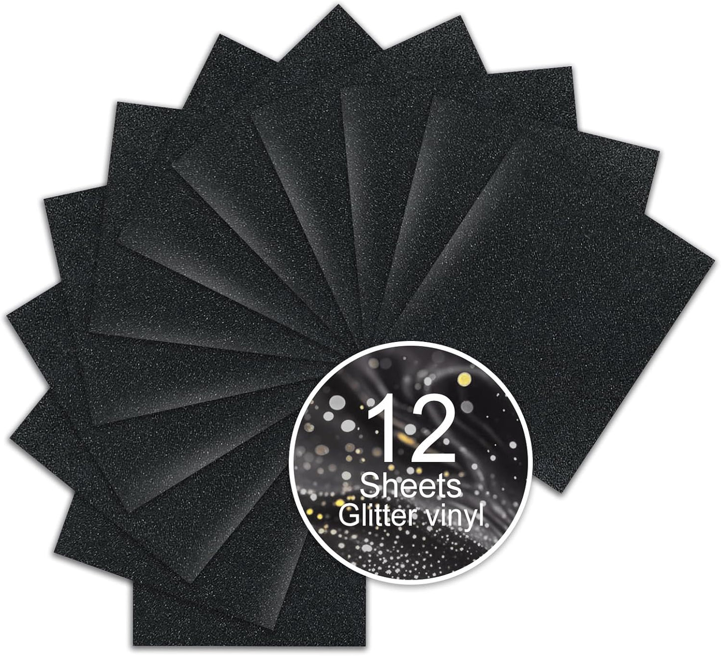 Black Glitter Heat Transfer Vinyl, 12 Pcs 12"x10" Iron-On Vinyl Sheets – Easy to Cut & Weed, No-Flake, Washable Glitter HTV, Compatible with Cricut & Silhouette – Great for DIY Summer Gifts