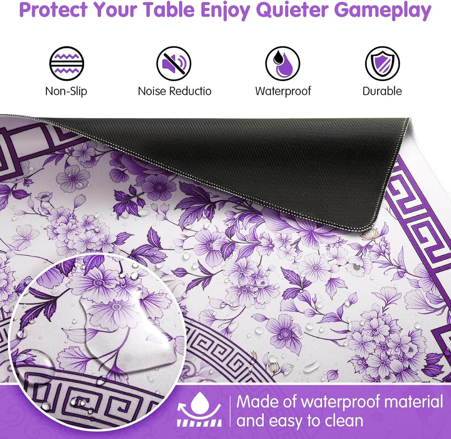 Mahjong Mat for Table 33x33 Inch, No-Crease, Anti-Slip, Noise-Reducing American Mahjong Mat, Mahjong Table Mat with Carry Bag,Neoprene Mahjong Mat for Poker, Card, Board(Purple)