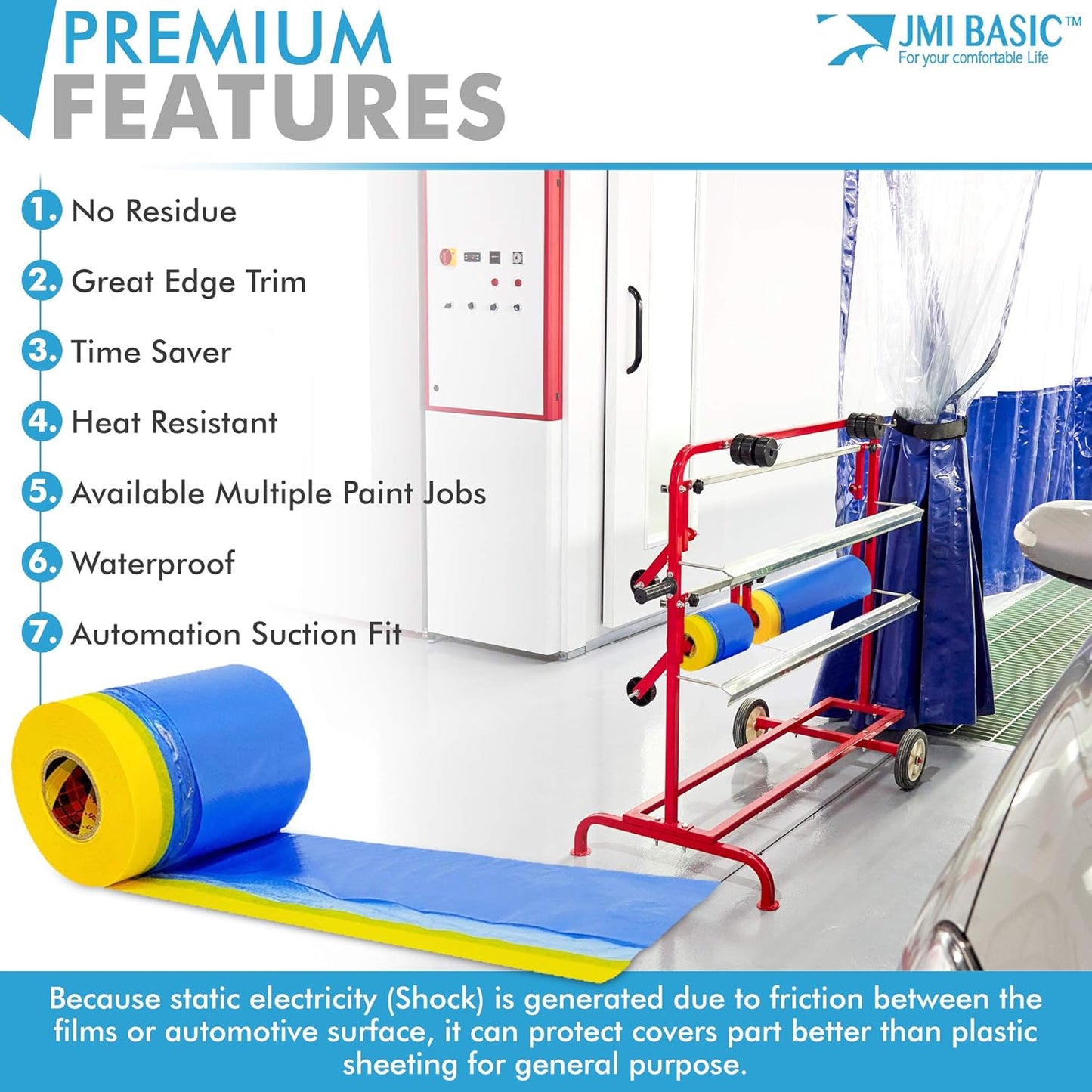 Plastic Sheeting for Car Paint – Assorted 3 Sizes Multi Pack – No Residue Painters Tape with Drop Cloth – Automotive Masking Tape with Tarp Waterproof 65 Feet (94 x 59 x 35 Inch - 3RL)