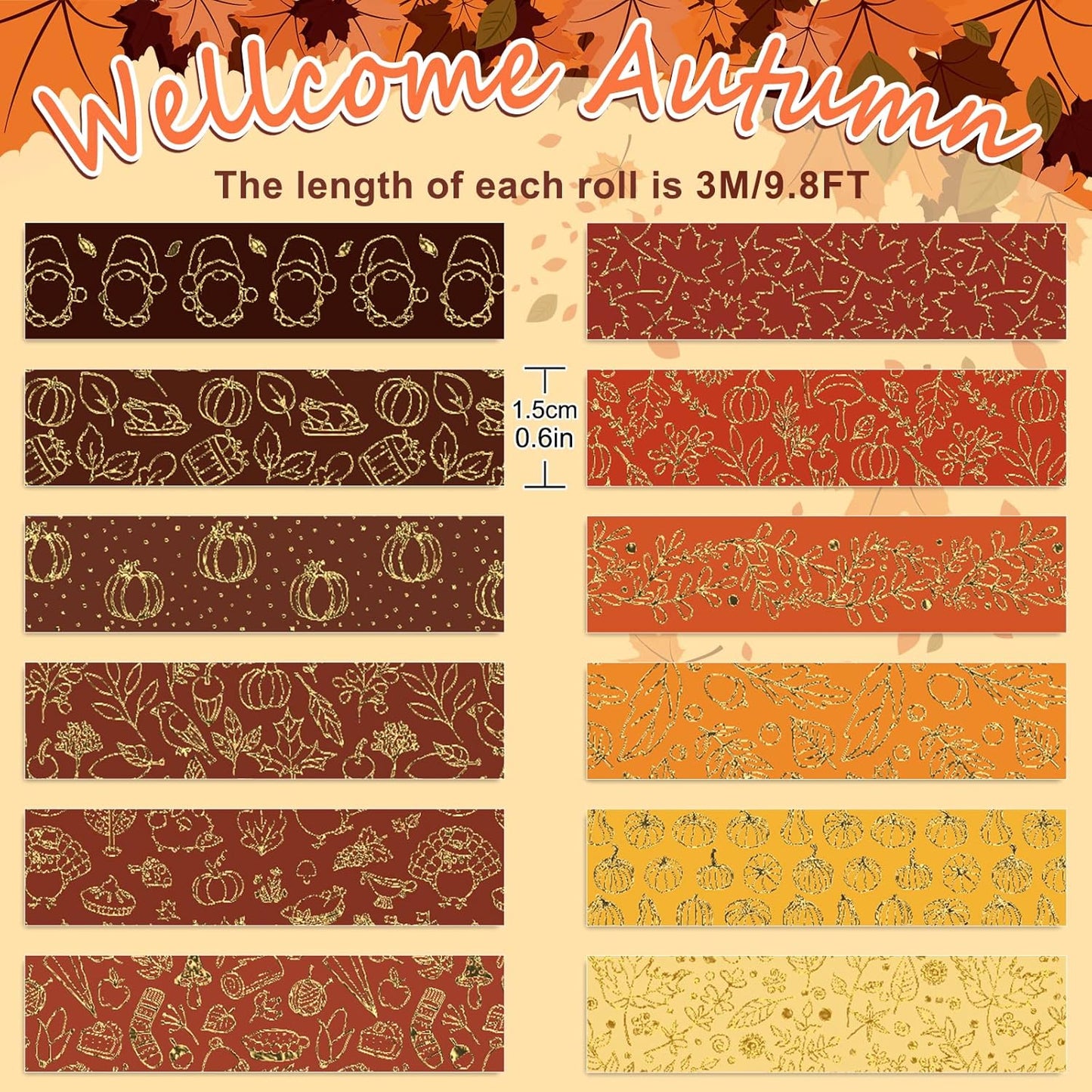 Whaline 12 Rolls Fall Washi Tapes Foil Gold Decorative Tape Autumn Gnome Pumpkin Fall Leaves Turkey Patterned Masking Tape for Fall Thanksgiving Scrapbook Journal DIY Craft Gift Wrapping, 0.6Inch