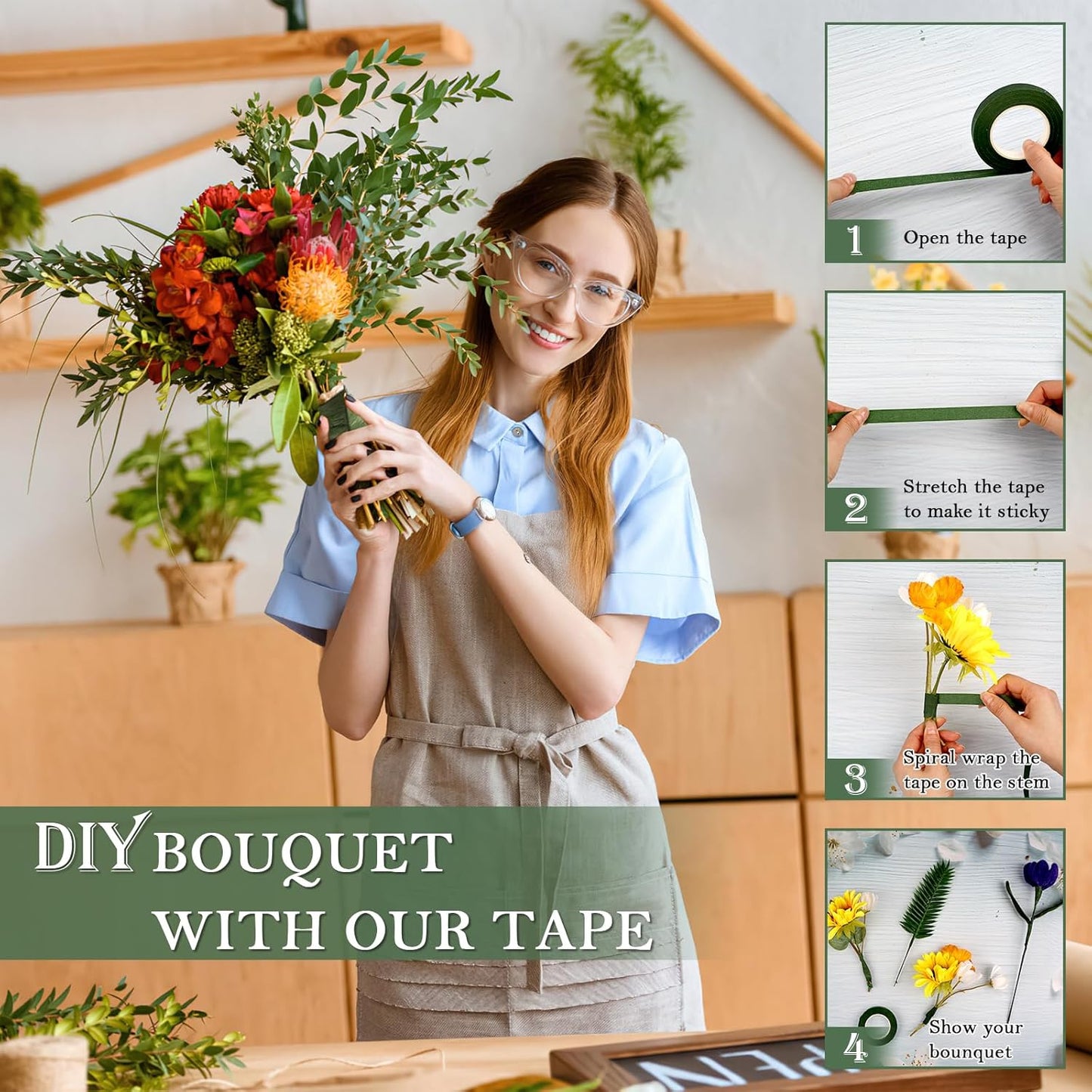 8 Rolls Floral Tape, 1/2" Wide Flower Tape, Mix Green Floral Tape for Fresh Flowers, Adhesive Florist Tape for Floral Crafts, Bouquet Floral Arranging Stem Wrapping, Wedding Bouquet, 30Yard