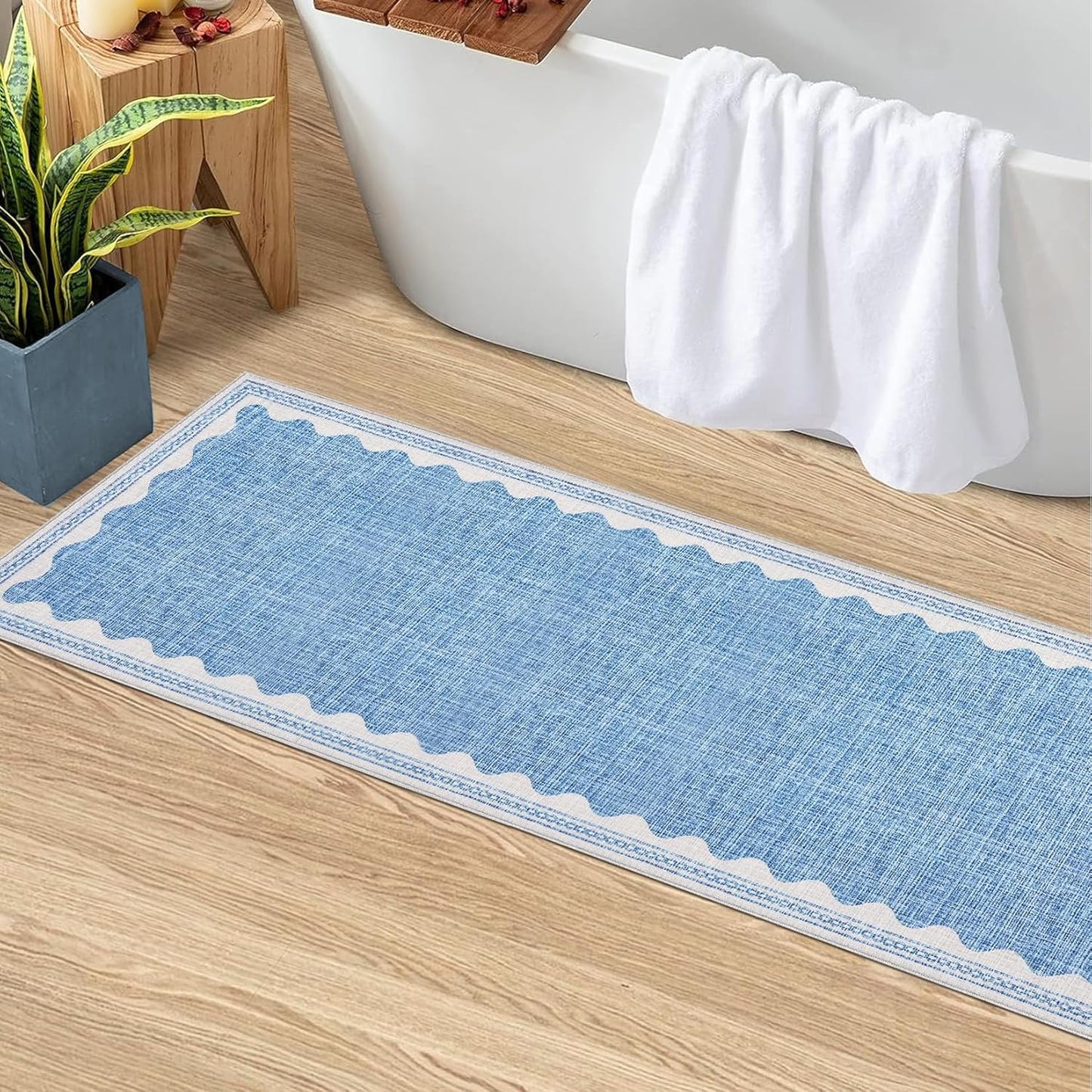 Scalloped Rug 2x6 Runners for Hallways, Solid Blue Runner Rug Non Slip Scalloped Bath Runner, Washable Rugs for Bedroom Girls, Rugs for Kitchen Floor Soft Dorm Nursery Carpet for Bedside