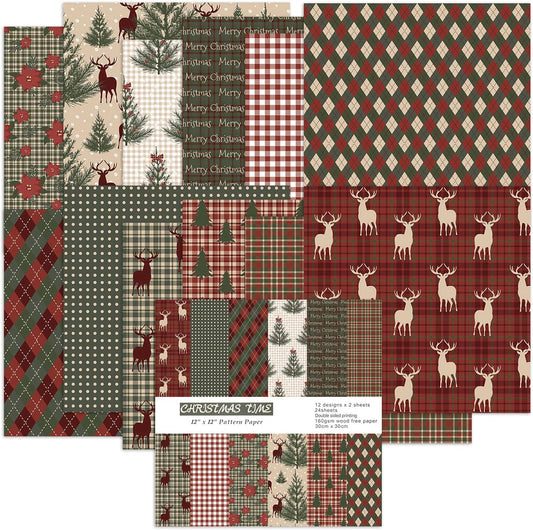 Christmas Scrapbook Paper Pad 12×12,Vintage Christmas Deer Patterned Papers ,24 Sheets Double-Sided Merry Christmas Scrapbooking CardStock Paper Pad for Holiday Cardmaking DIY Origami Papers.
