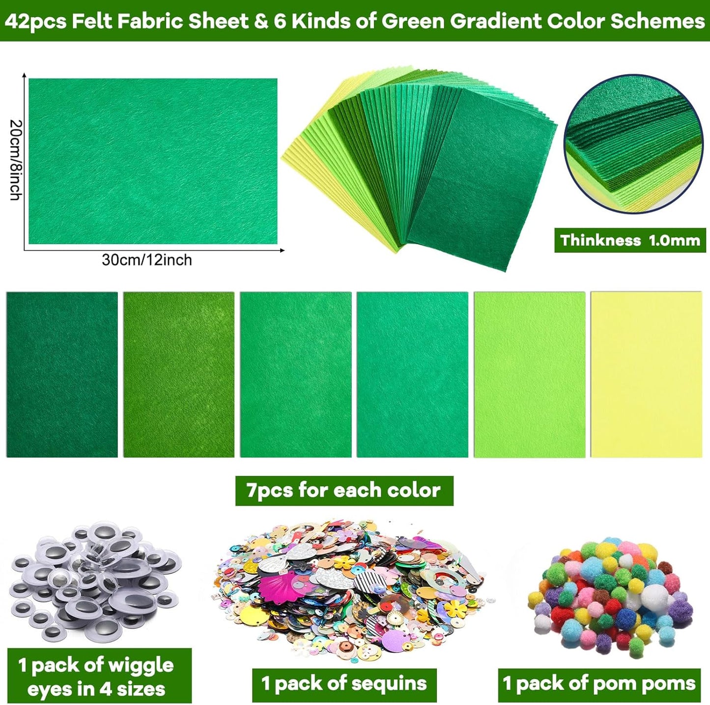 gisgfim 42Pcs Green Felt Fabric Sheets Craft 8 x 12 Inch Assorted Soft Green Gradient Felt Pack with Wiggle Google Eye Pompom Glitter Patchwork Craft for St. Patrick's Day DIY Sewing Project Decor