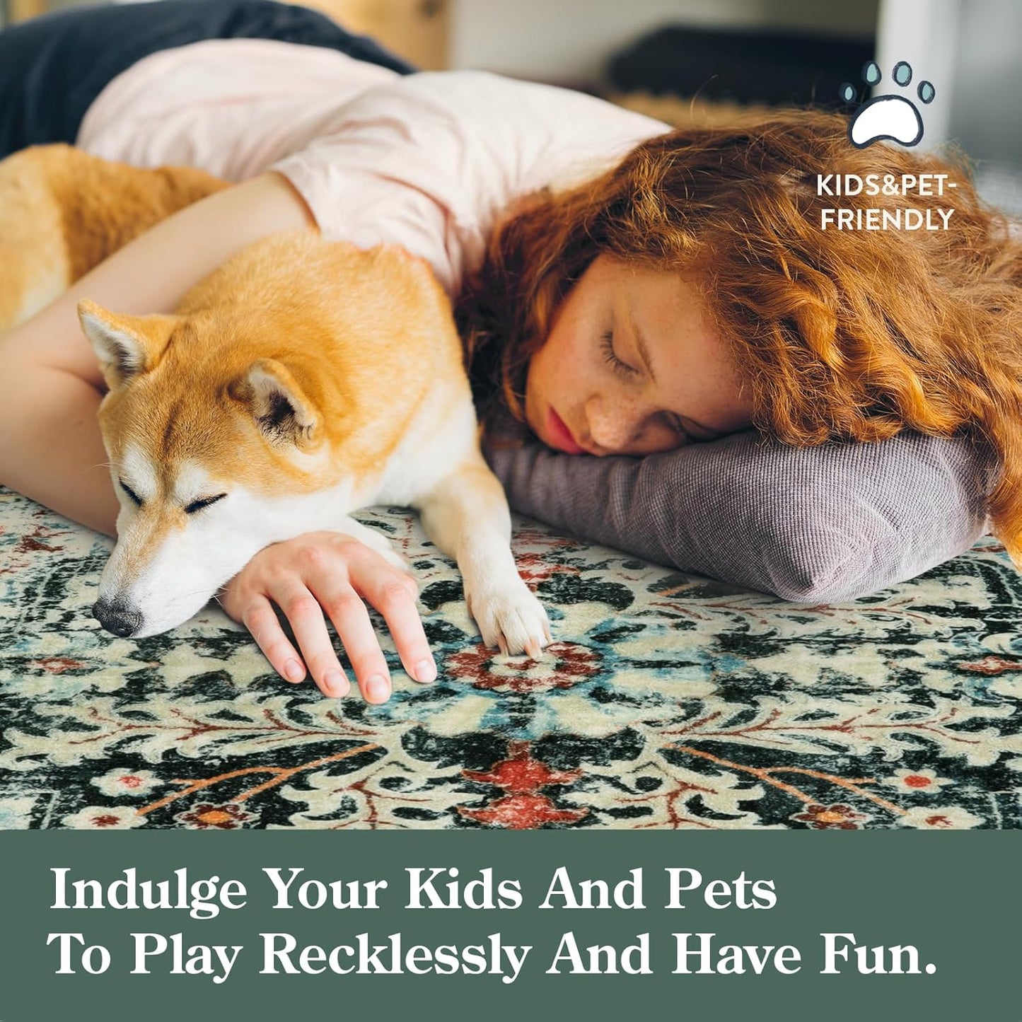 Lahome Area Rugs 9x12 Living Room Boho Washable Rugs 9x12,Large Boho Rugs for Bedroom Dining Room,Floral Soft Non-Slip Printed Low Pile Throw Indoor Floor Carpet for Nursery Kids Playroom(9x12ft,Teal)