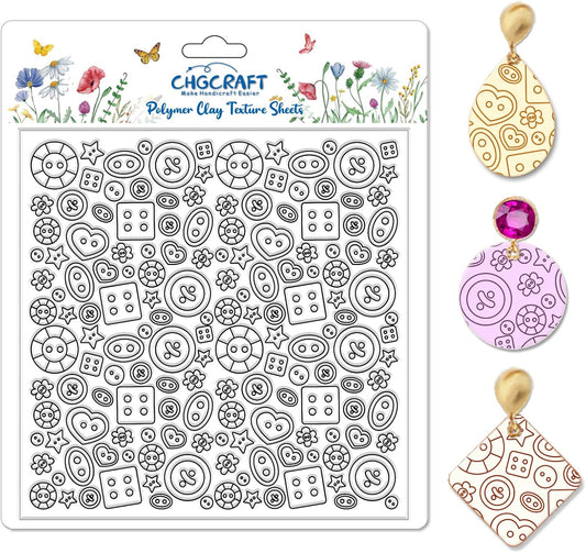 CHGCRAFT Button Pattern Polymer Clay Texture Sheets Heart Graphic Geometric Silicone Texture Stamp Clay Texture Mat Modeling Pattern Pad Sheets for Jewelry and Earrings Tools, 5.5x5.5 inch