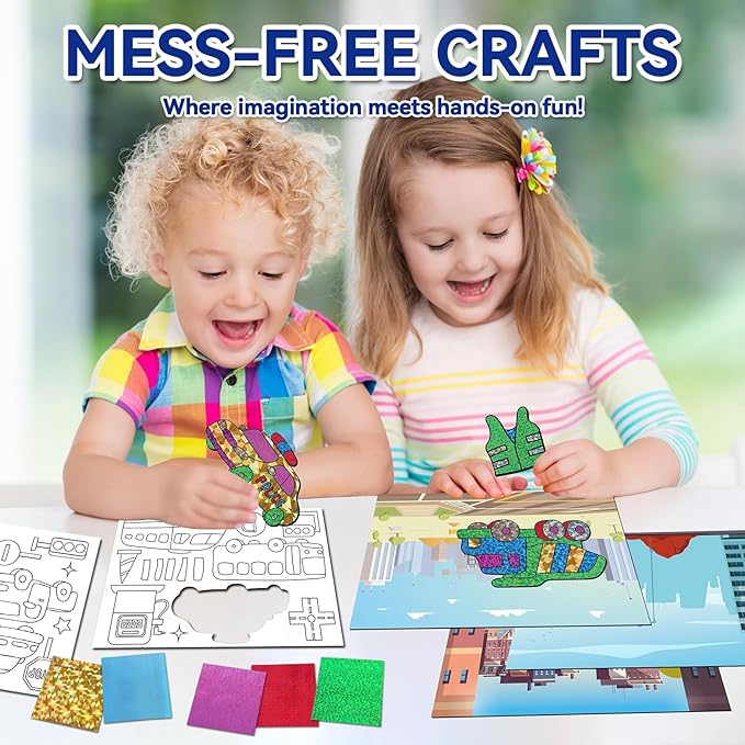 ATFUNSHOP Magical Foil Art Space Dinosaur Traffic Construction & Airplane - No Mess Foil Craft Kit for Kids Ages 4 5 6 7 8 9 Fun Creative DIY Activity, Ideal Birthday Gift for Boy