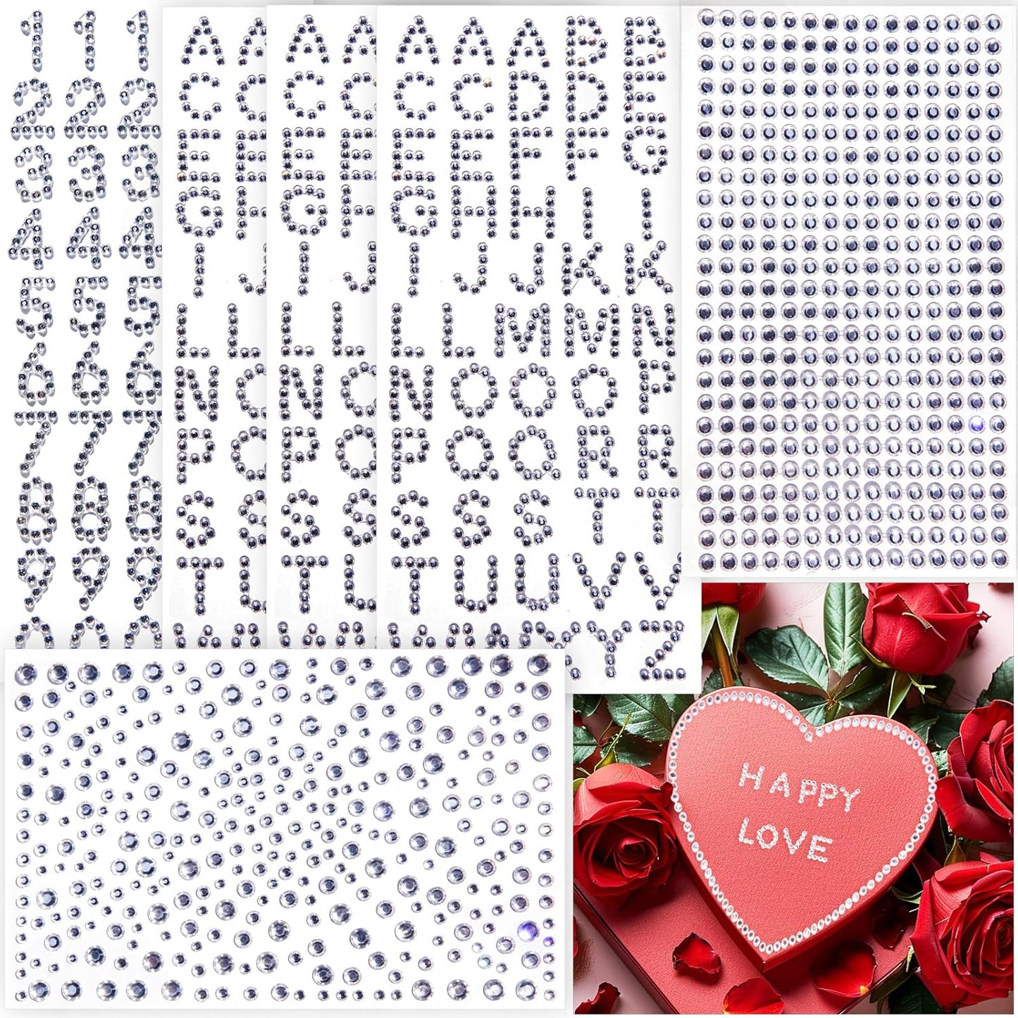 565 Pcs Crafting Number Letter Gems Stickers, Self Adhesive Small Rhinestone Alphabet Letter Gems for Crafts, Stick On Gems Stickers for Grad Cap, Scrapbook, Crafting Art Decoration
