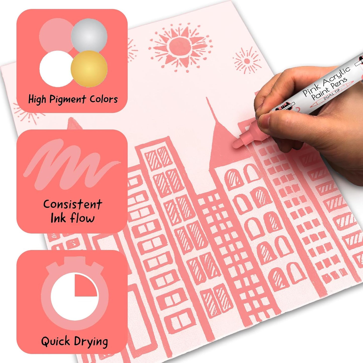 4 Dual Tip Pink Paint Pen Metallic - Fine Tip & Medium Acrylic Paint Markers - Pink Marker for Metal, Wood, Rock Painting, Canvas, Ceramic, Glass, Fabric, Leaf and Plastic - Water-based Ink