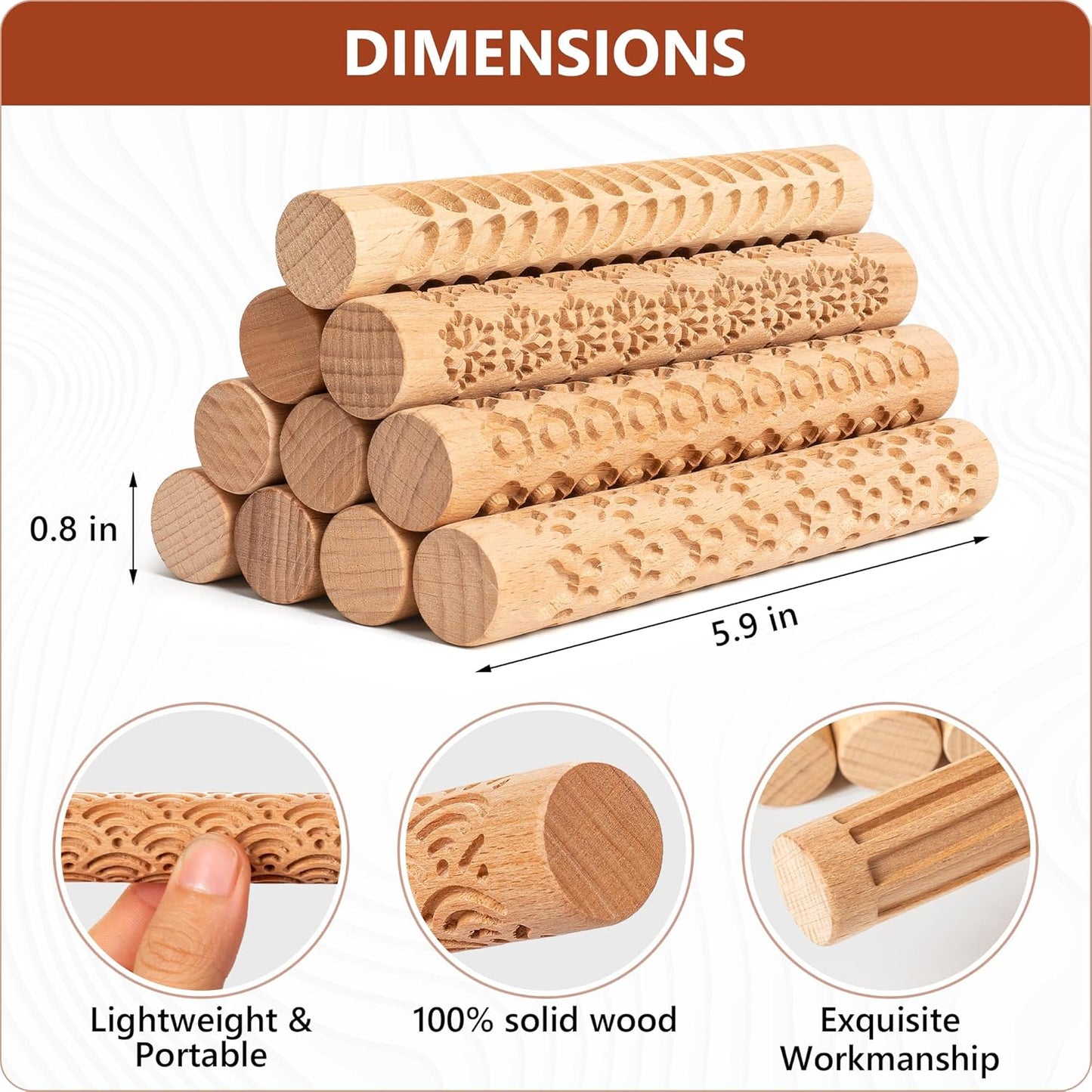 10pcs Wooden Clay Texture Rollers Set for Pottery & Ceramics - Potters Stamp Roller Tools for Ceramic Slabs - Textured Rolling Pins for Modeling, Painting & Glaze Design - 5.9 x 0.8 inch