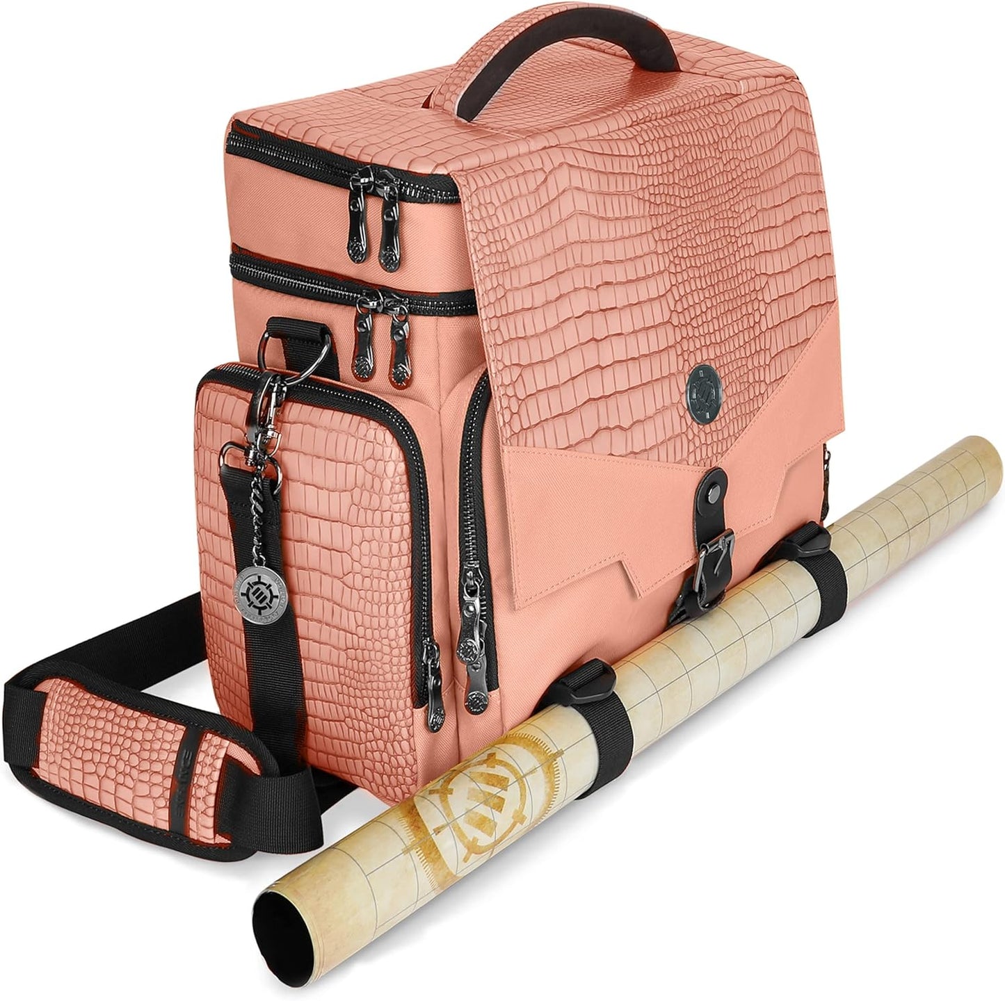 ENHANCE Collector's Edition RPG Adventurer's DnD Bag - Dragon Hide Exterior Travel RPG Bag with Tabletop Miniatures Storage Vault, Mat Holder, DnD Dice & Token Pockets, Fits 4-8 Books (Dragon Pink)