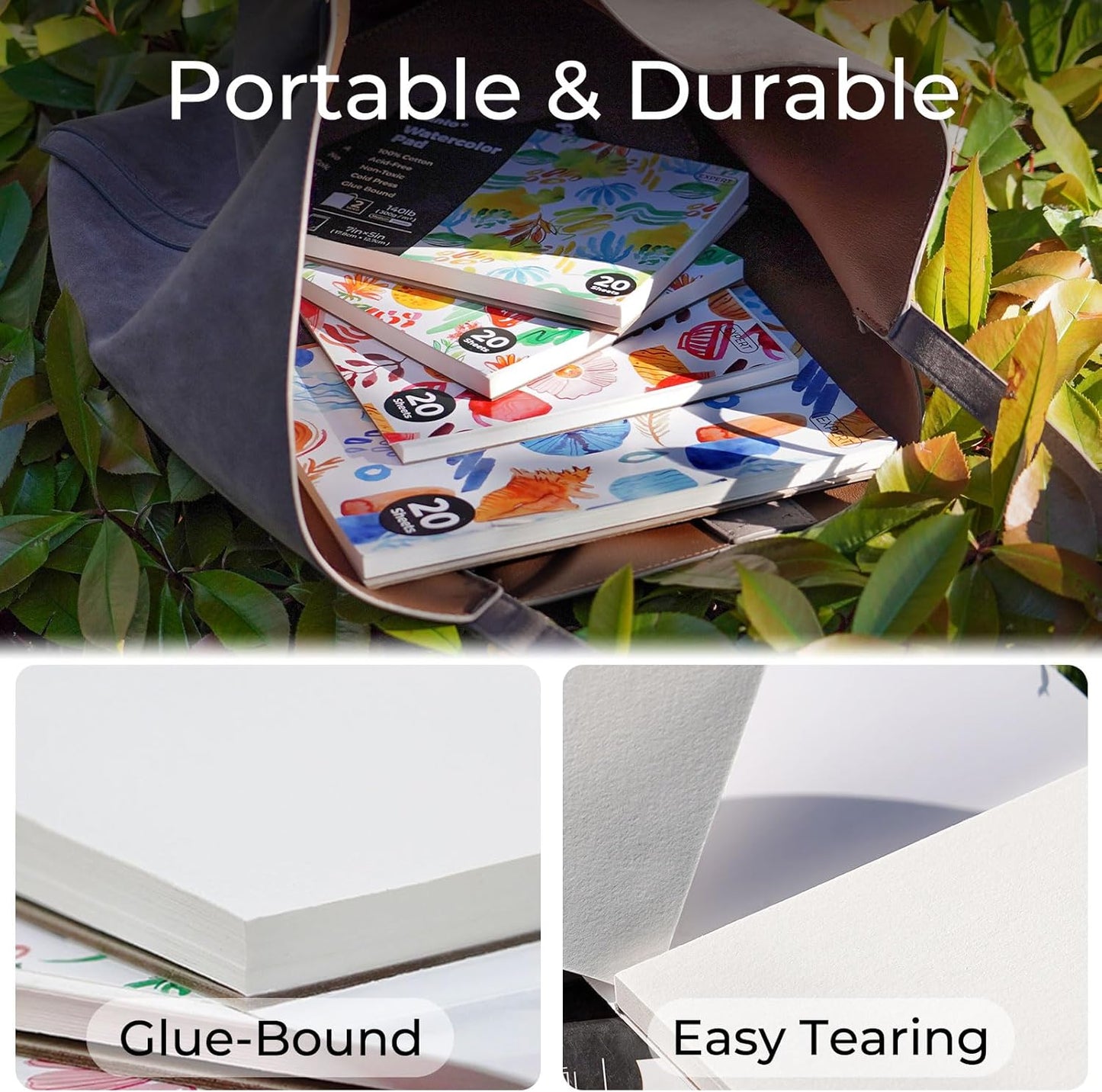 Funto Watercolor Pad, 2 Packs, 10×7", 20 Sheets Each, 140lb/300gsm, 100% Cotton, Glue Bound, Easy Tear Heavyweight Art Paper for Painting