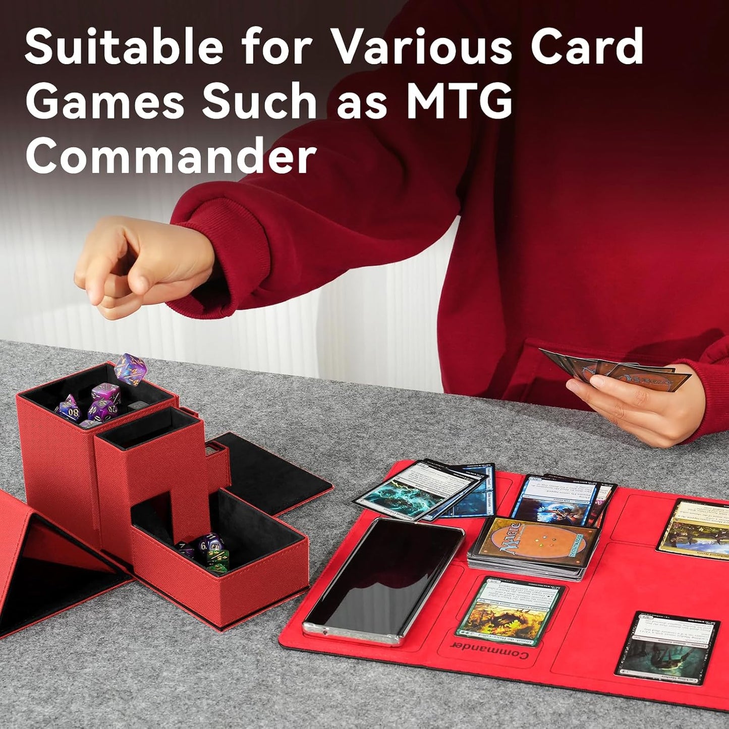 Dice Tray & Dice Tower Storage Box, 3 in 1 Dice Holder Case (Dice Rolling Tray, Rolling Tower, Storage Drawers), Leather Magnetic Closure DND Accessories Gifts for RPG MTG, Red/Black