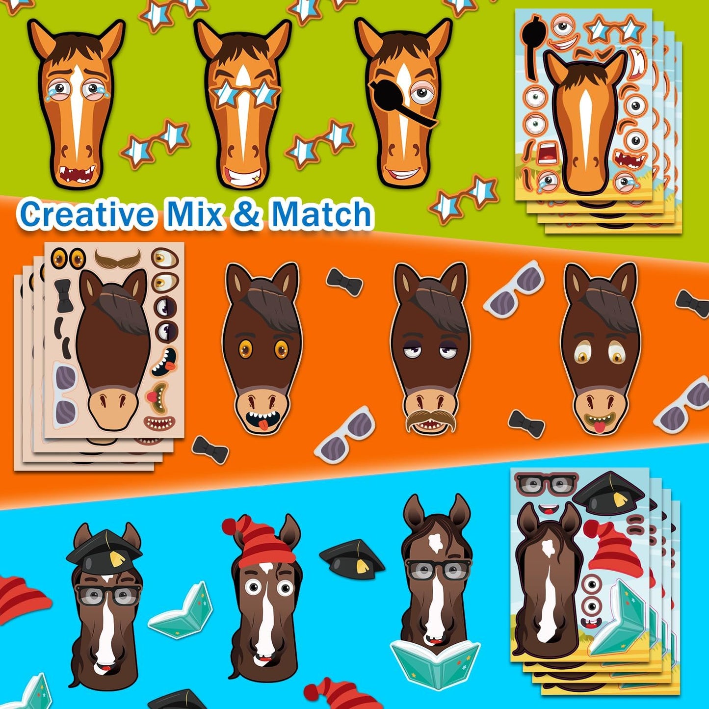 Aowplc 48 Pcs Make A Horse Sticker Sheets Mix and Match for Kids Horse Party Favors Supplies Birthday Gifts Activity Crafts