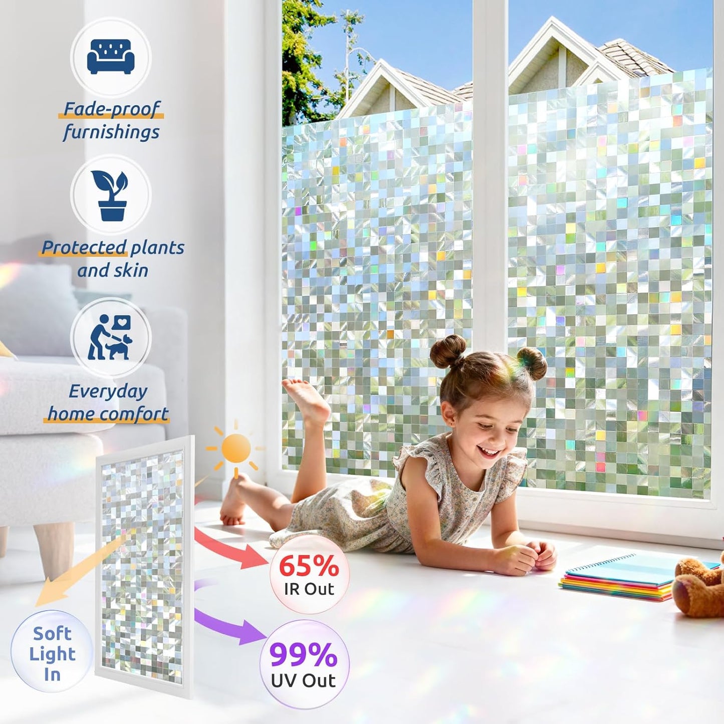 rabbitgoo Stained Glass Window Privacy Film Mosaic Pattern, Frosted Glass Window Film Rainbow Decorative Sticker, Static Cling UV Blocking Suncatcher for Home, 23.6 x 78.7 Inches