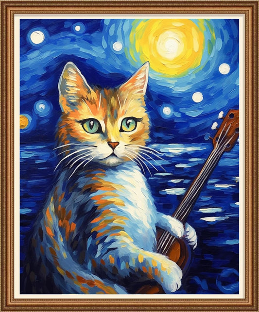 Disnesart Cross Stitch Stamped Full Embroidery Kits DIY 11CT Cotton Thread Printed DIY Needlepoint Kits Craft Needlework Set Cross-Stitch Stamped Sets-Cat Violin 16x20 inch