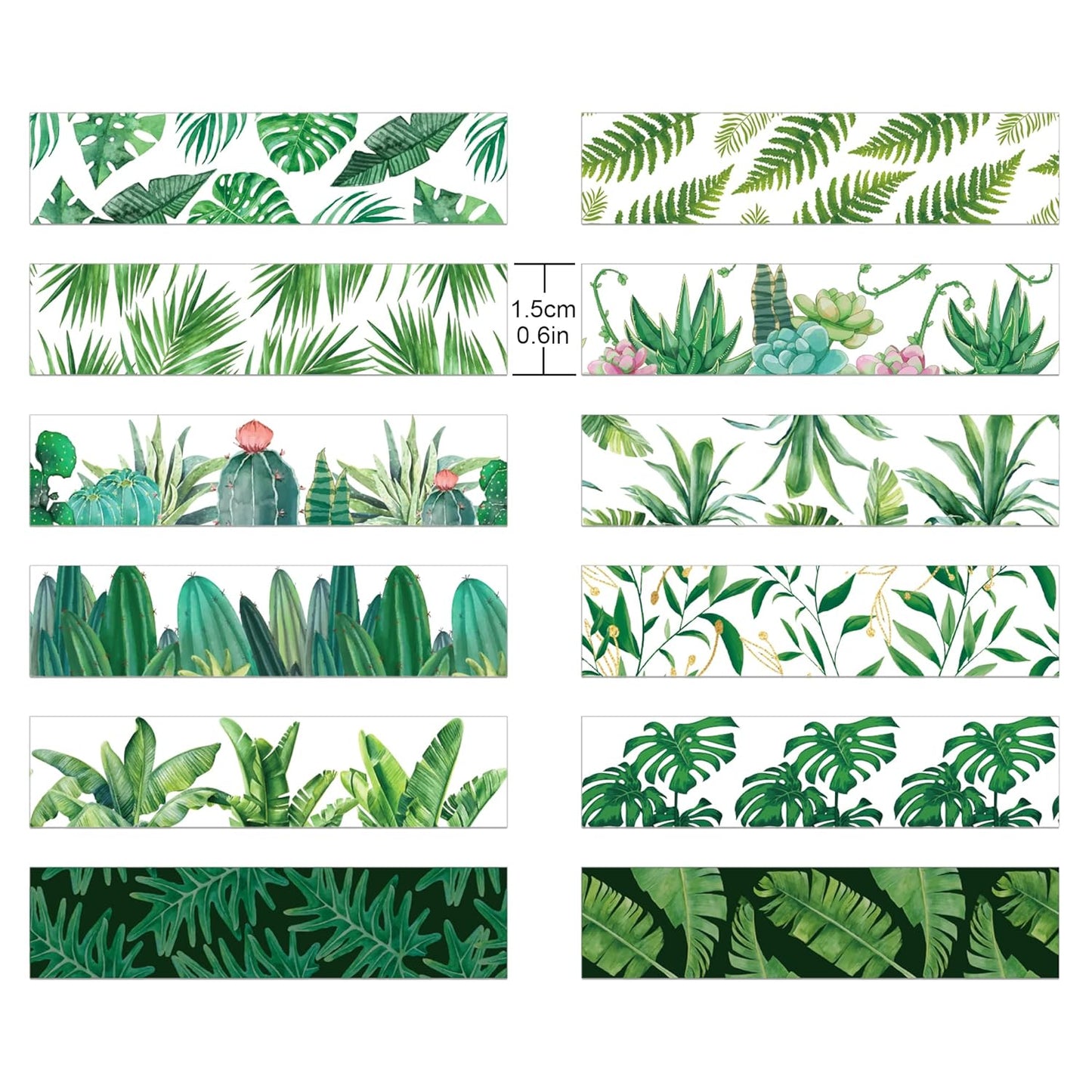 Greenery Washi Tape Set 12 Rolls, Tropical Leaves Masking Tape Hawaii Green Plants Cactus Summer Greenery Decorative Stickers for Note Scrapbook Handbook Sticker Gifts Wrapping DIY Art Crafts