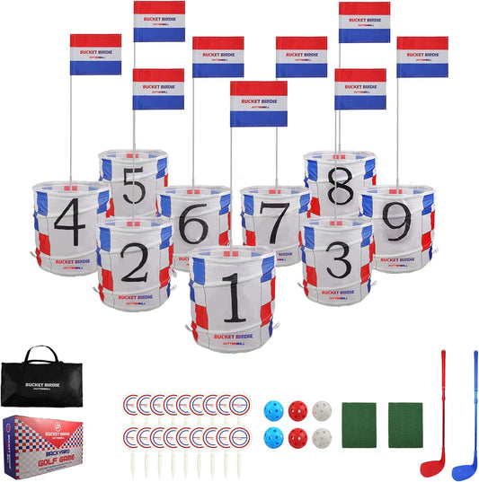 Bucket Birdie Backyard Golf Game — 9 Hole Bucket Golf Yard with Adjustable Clubs, Flags, Balls, Turf Mats, and Carry Bag — Outdoor Golf Game