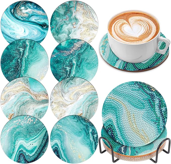 8 Pcs Ocean Diamond Art Painting Coasters with Holder, DIY Ocean Diamond Crafts Coasters for Adults, Diamond Art Painting Kits for Women, Beginners, Diamond Craft Supplies