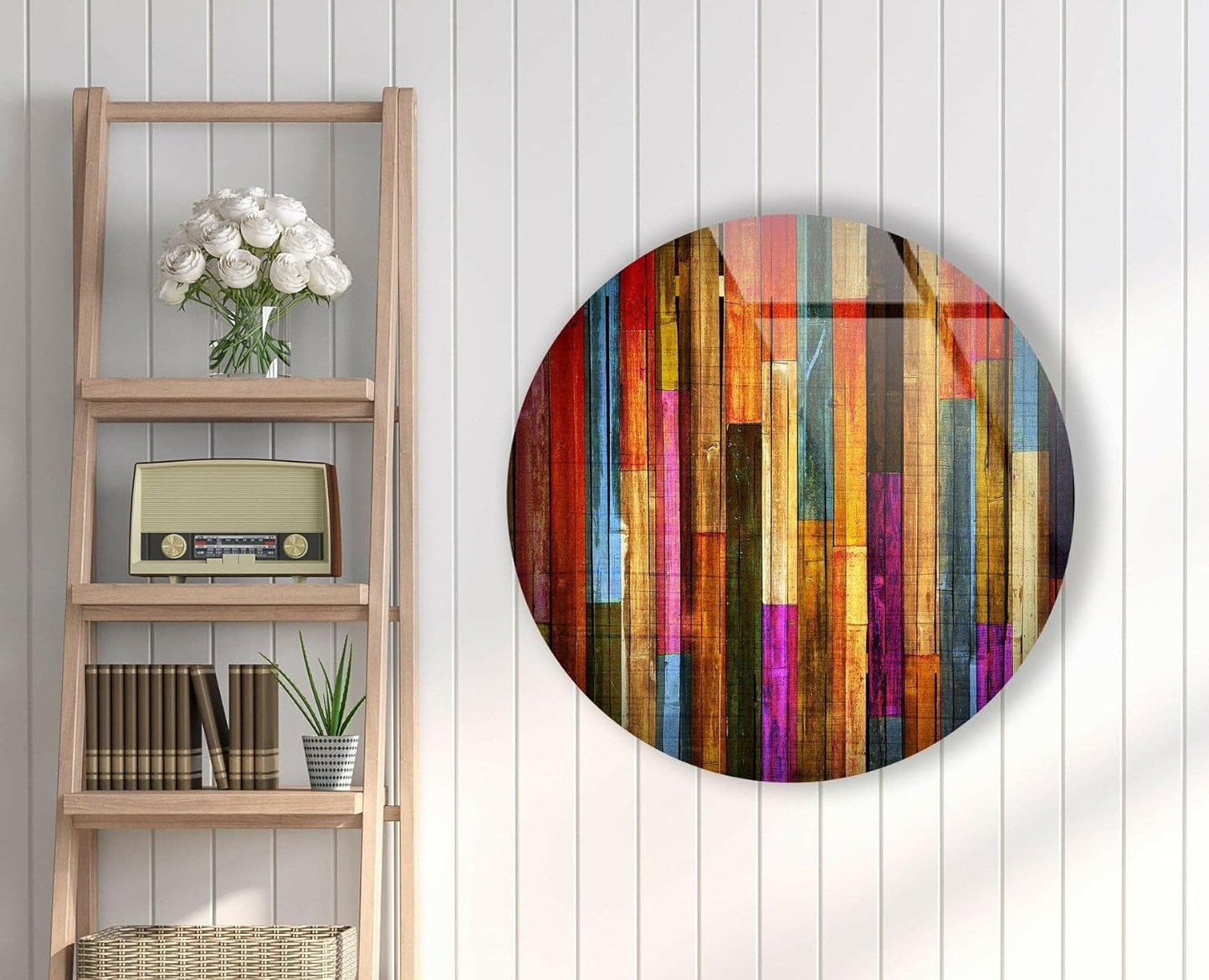 My Photostation.com 27.5''(70cm) Diameter Colorful Wood Pattern Round Glass Wall Art Tempered Glass Printing Wall Decor Large Wall Art Wall Hangings