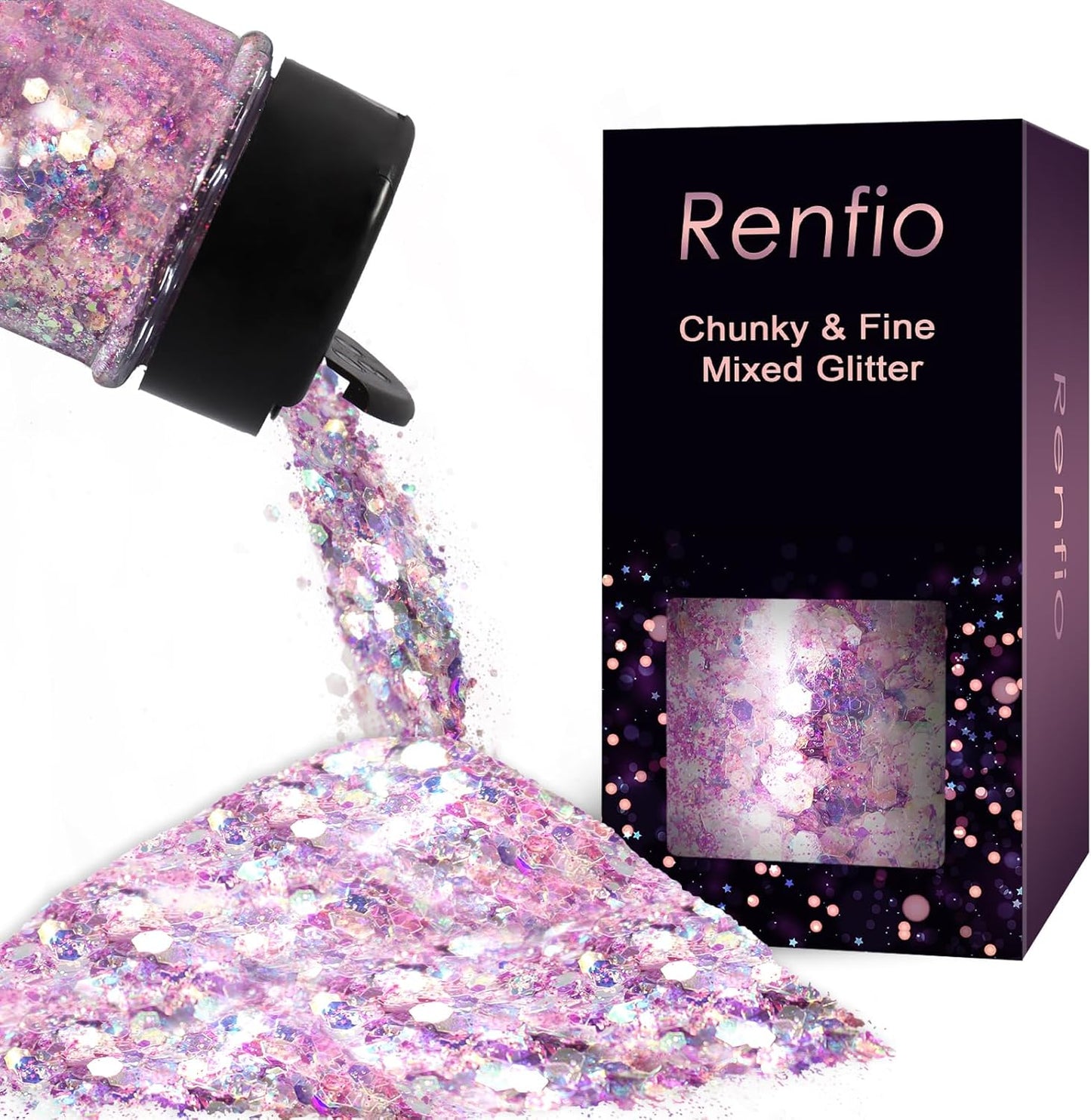 Renfio Opal Chunky Glitter, 1.75oz/50g Pink Glitter, Dreamy High Sparkle Glitter for Crafts Holographic Fine Glitter Mix Iridescent Glitters Flake for Resin Nails Art Hair DIY Snow Globe - Pink Coast