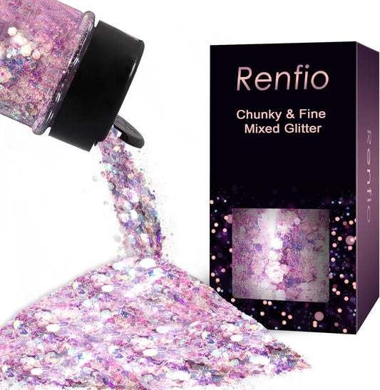 Renfio Opal Chunky Glitter, 1.75oz/50g Pink Glitter, Dreamy High Sparkle Glitter for Crafts Holographic Fine Glitter Mix Iridescent Glitters Flake for Resin Nails Art Hair DIY Snow Globe - Pink Coast