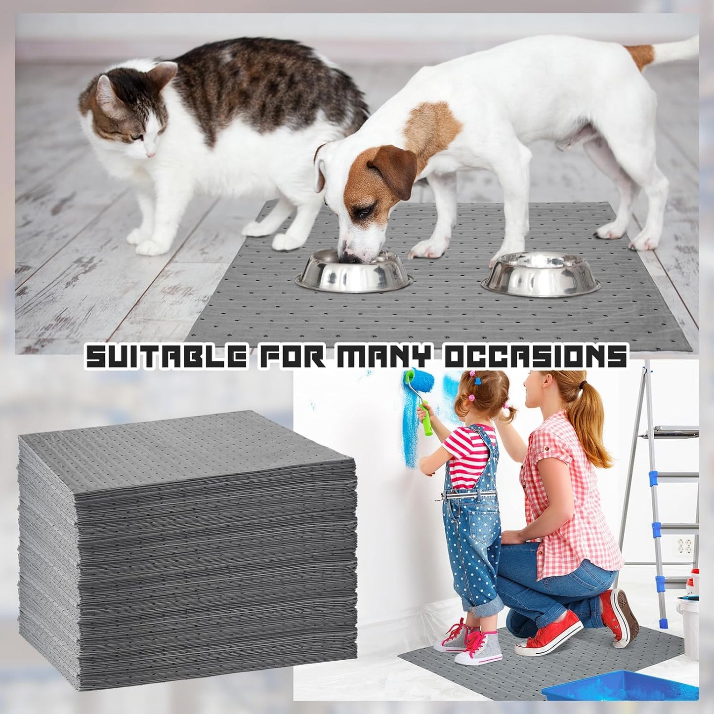 Hoolerry Oil Absorbent Pads Weight Dimpled Pad Garage Accessories Water Absorbent Mat Oil Spill Mat for Absorbing Protecting Home Garage Basement(15 x 19.7 Inch,Gray,200 Pcs)