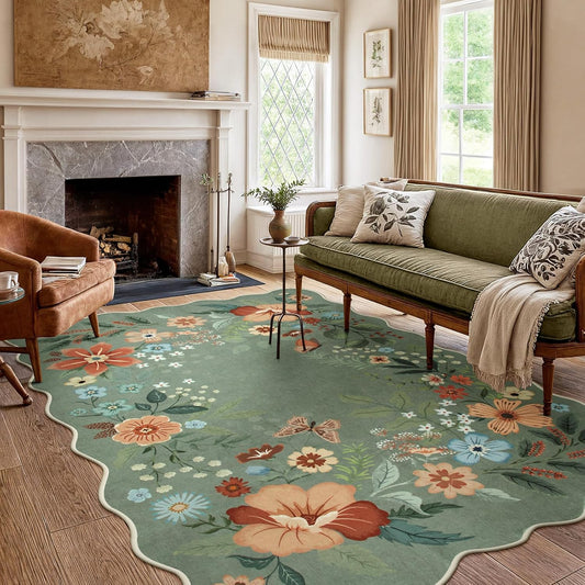 Beeiva Washable Rug 6x9 - Scalloped Floral Printed Soft Non Slip Kids Rugs for Bedroom Ultra-Thin Low Pile Boho Green Area Rug Aesthetic Throw Carpet for Living Room Playroom Dorm Office(Green,6x9ft)